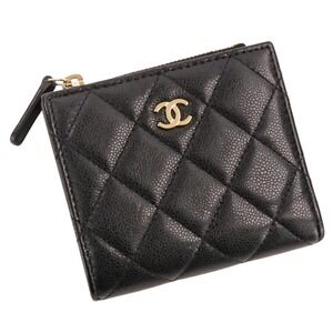 CHANEL Chanel Caviar Skin Matelassé Coco Mark Compact Wallet Bi-fold Black Wo...